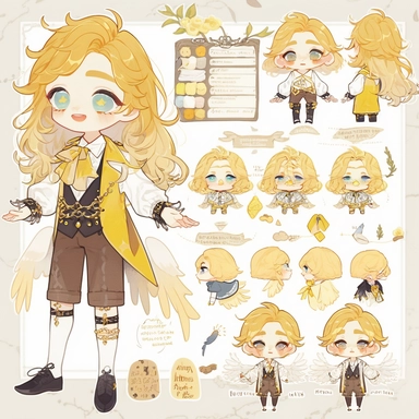 character sheet, knoling, clipart, inventory catalog, cute chibi character, golden wavy long hair, long bangs, yellow-green eyes, flat chest, beautiful young boy, gothic, frill, lace shirt, high West brown shorts, yellow bird, mimosa, yellow jewelry, ribbon