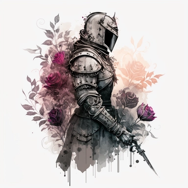 knight with roses in place, in the style of realistic fantasy artwork, delicate watercolor, light black, dark and brooding designer, urban decay, clipart
