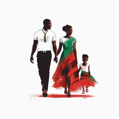 hd, clipart,happy, celebrating Juneteenth,full body, family, freedom,red,black and green, on white background