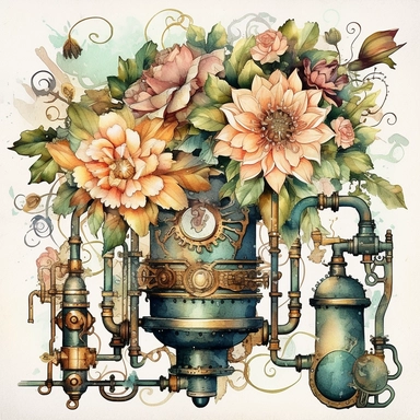 Transport your audience to a mesmerizing realm where steampunk aesthetics meet the fluid beauty of watercolor with this captivating collection of floral arrangements clipart. Harness the expressive power of watercolor as the artistic medium, allowing its translucent layers and delicate brushstrokes to bring life to the steampunk-inspired compositions. Infuse the artwork with the distinctive elements of steampunk culture, referencing the works of authors like H.G. Wells and incorporating imagery 