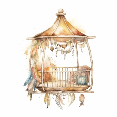 realistic watercolor boho baby Crib Mobile, isolated white background, babyshower clipart, 8k, bright beige boho colors