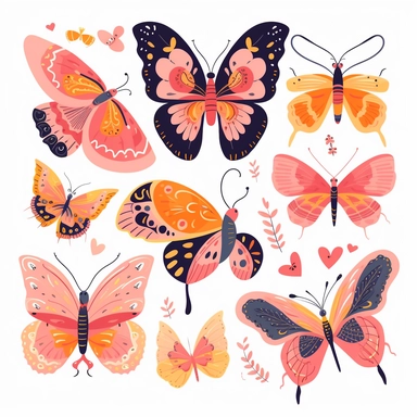 fantasy fairytale butterflies clipart, biology illustration, different species, isolated on white background, pink and yellow colors, cute flat vector style