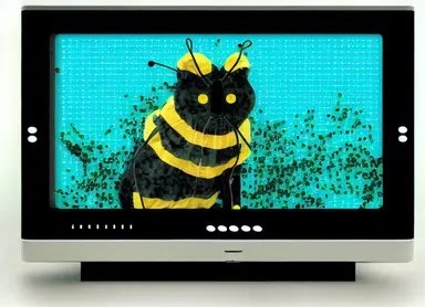 boxy retro gray CRT computer monitor displaying web browser, photo of wet cat in bee costume, hi this is my geocities for my cat named bee who loves flowers, Word Wide Web 90s website aesthetic, comic sans tacky clipart, glitch style