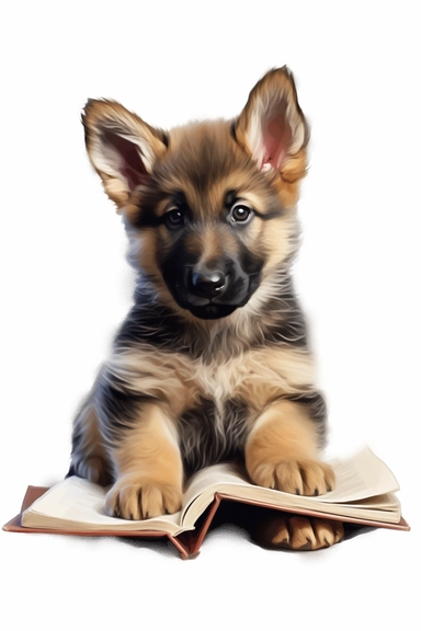 cute baby german shepherd reading book , unique, clipart, adorable, watercolor, realistic, 8k, high quality, no background