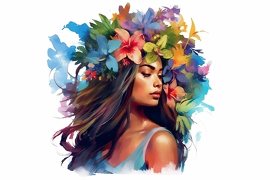Beautiful hawaiian woman with colorful vibrant tropical flowers, watercolor clipart