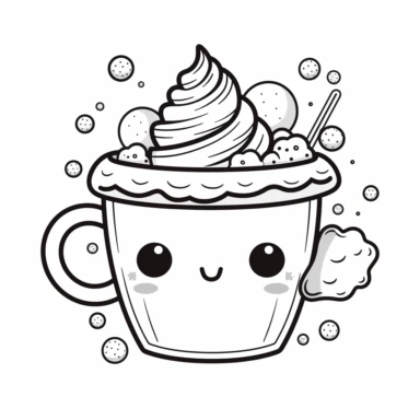 kawaii icon hot chocolate with whip cream and cookie and cherry clipart coloring page black line white background