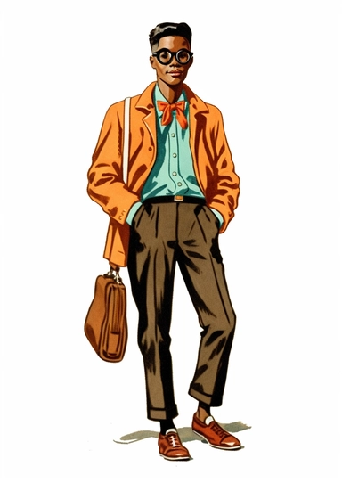 a fashionable adorable black teenage boy from the 1950s, vintage retro 1950s artwork, clipart, white background