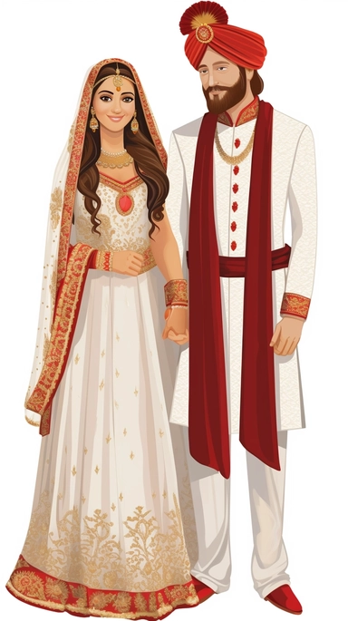 old school clipart style bride and groom wearing white desi wedding clothing with gold embroidery and patterns, man to have facial hair and wearing red fez hat, woman to have long wavy brown hair, white background