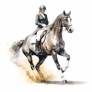 close up view of realistic watercolor drawing of an equestrian dressage a horse, on a white background where the background will be removed to repurpose as a clipart.