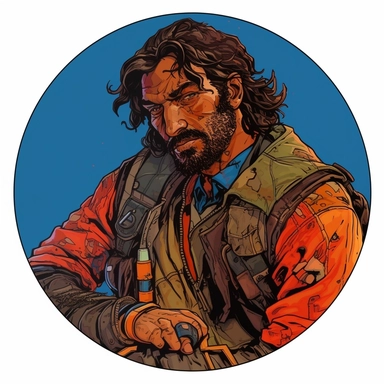 A circular tondo depicting a Dungeons & Dragons character lightly-armored African-heritage human dirty filthy grungy hobo badass survivalist ranger warrior, Mike Allred Josh Kirby Mad Max Lord of the Rings, handpainted retrowave, clipart illustration, circle solid background