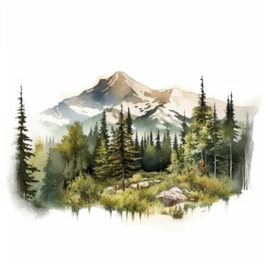 Watercolor wide mountain scene with trees, beautiful details, ultra detailed, ultra photo real intricate detailed, high definition, graphic clipart, hyper realistic, detailed, white background