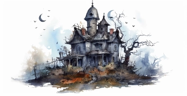Abandoned haunted house and graveyard, ornamental watercolour clipart, I can't believe how beautiful this is