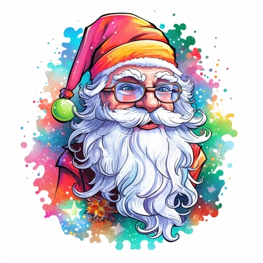 Santa Claus, style by Lisa Frank, watercolor, smooth gradients, black contour outline, ultra detailed, clipart elements, vibrant colors, solid white background, super clear, high quality