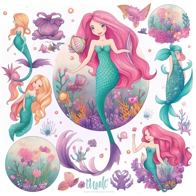 enchanting Cartoon Magical Mermaid Clipart! Dive into a world of whimsy and wonder with these detailed and adorable mermaid illustrations. Each mermaid is meticulously designed with charming features, vibrant colors, and intricate details that will captivate both children and adults alike. With a white background, these clipart images are versatile these cute and lovable mermaids are sure to make a splash! Let your imagination swim free with our delightful mermaid clipart