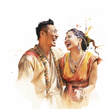 Asian bride and Indigenous groom, laughing together during the reception, joyful and elated, watercolor, Pixar style, Clipart on a white background.