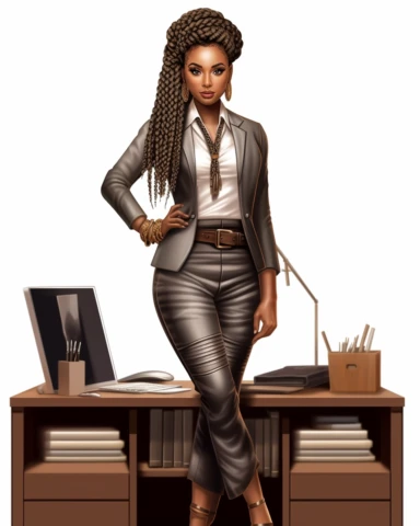 Extremely realistic digital illustration clipart, vector art of ultra beautiful African American woman entrepreneur with beautiful goddess braids, dressed in leather business knee length dress suit in the year 2023, standing in the center of an office on a white background