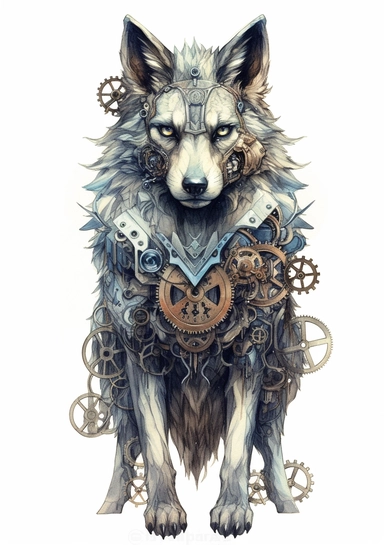 Steampunk Gray wolf clipart, realistic, Watercolor Retro Futuristic Victorian Era, art picture, full body, watercolor, multicolor, white background, lots of details, high quality - 8K,