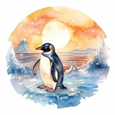 Watercolor clipart consist penguin swim hunting for fish, Focus the view on the penguin that caught a fish, The background is in the sea The time set is at sunset, Produce very high detailed image, Produce very high quality image, The penguin proportion is same as real emperor penguin, Left some white empty space around the image frame,