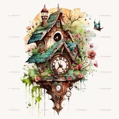 a hyper-detailed illustration watercolor clipart,watercolor cartoon of cuckoo clock on wall isolated on white background with margins, cut-out images,shinkai makoto