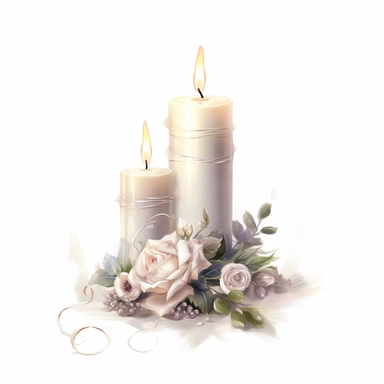 Wedding candle, clipart, white background, in the style of elegant realism, muted and subtle tones, detailed painting, transparency and lightness
