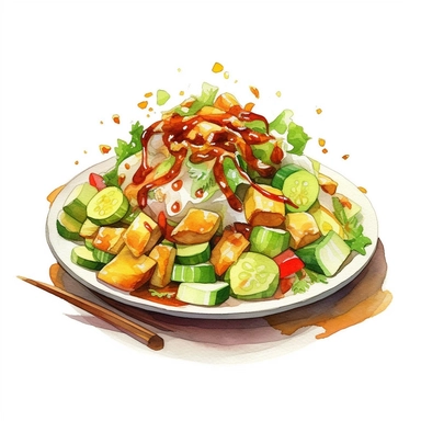 Rujak Cingur (Surabaya-style Salad with Cow's Nose) logo watercolor,simple Watercolor, hyper realistic, white background, white margins, 16k, ultra detailed clipart, cut out image, hand - drawn, whimsical manhwa style, ultra HD, sharp and clean art