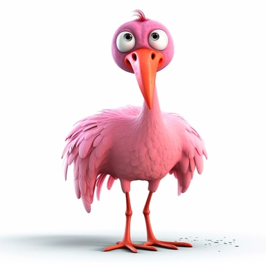 clipart of a crazy pink flamingo, there is a funny face on it, long skinny legs, cartoon, for kids, funny, pixar, 8k, white background, sharp focus, detailed,