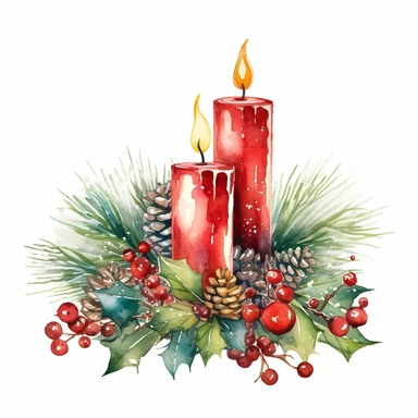 watercolor Christmas wreath adorned with christmas candles clipart, vibrant colors, add glitter, on a white background