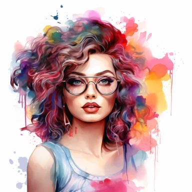Design a watercolor clipart portrait of a stylish young model with curly hair, featuring vibrant and bold colors in her makeup, clothing, and accessories, representing a fearless and confident personality clipart, white background
