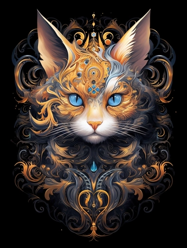 A cat portrait in a gold dress with ornate silver tattoo, in the style of black and lpurple, fractal patterns, mind - bending murals, dark cyan and orange, zbrush, depictions of animals, distinctive noses, clipart png, photorealistic, watercolor, digital painting, WHITE BACKGROUND, fantasy style, realistic, painting, 8k, ultra details,