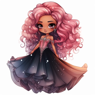 A cute detailed black girl in chibi style, Jasmine Becket - Griffith style, watercolour illustration clipart with real glitter detail, wearing a beautiful pink full length ballgown style dress, the girl has long red hair, the girl has blue eyes, full body image, with feet isolated on a white background,