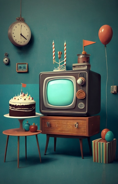 Stunning art of room landscape, happy birthday cake, minimalism, bright colors, old antique tv , walls , clock, table , chair , clip art, blue brown black and white color