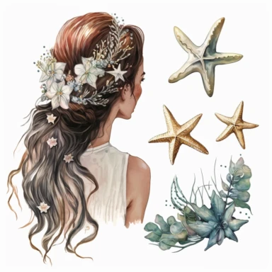 Boho nautical style, wedding bride, back view, seastar, seashell, fantasy, white background, watercolor, hyperrealism, high detail, separate elements, set, clipart