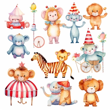 Circus watercolor clipart, cute circus animals clip art, nursery decor, clown PNG