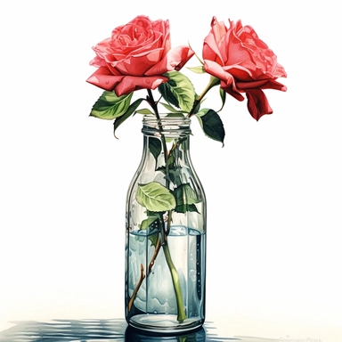 hyperrealism painting, red roses in a water bottle , white background, watercolor style, farmhouse chic, tempera clipart