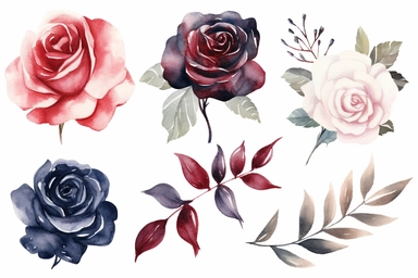 Watercolor clipart collection of matching and coordinating navy, burgundy and white roses, isolated elements on a white background with a wide margin