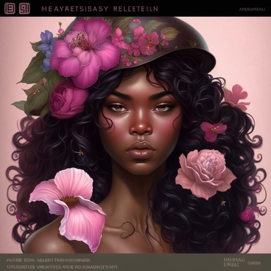 beautiful brown skinned, melanin, an clipart by Artgerm, featured on deviantart, full head shot including hair, fantasy art, copic marker, a full head of pretty lady who looks like a model wearing a hat adorned with flowers, long wavy black hair, beautiful eyes, beautiful lips, one subject, wearing ornate dress with pink floral settings, highly detailed, 8 k, cinematic, sharp focus, masterpiece, white background, wearing pink dress