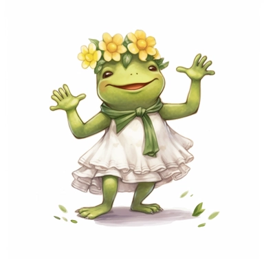 cute frog designs dancing with flowers, in the style of fairycore, surrealistic poses, animation, kawaii, green academia, beatrix potter, watercolor print, white background, watercolor paint, procreate watercolor drawing, Watercolor Sublimation design, realistic cartoon, realistic water based colors, clipart, transparent white background