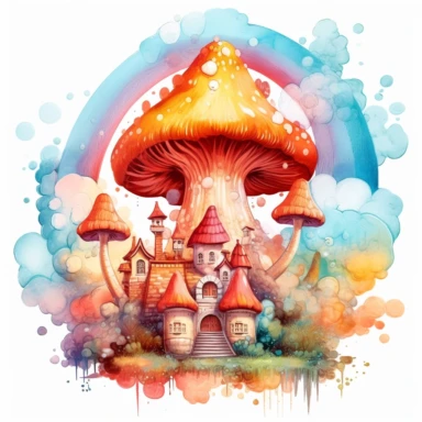 fantasy mushroom city in the clouds with a rainbow in the background. clipart. watercolour.