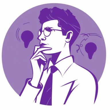 a clipart for a website of a man thinking, use a white and purple color scheme