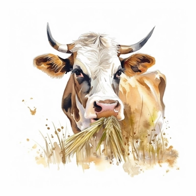 Painted illustration of cow chewing wheat spikelets, clip art, digital art, HD, white background, watercolor, white liner, no paint drips