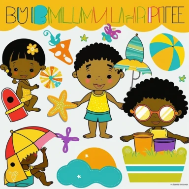 Create a collection of summer-themed clipart featuring elementary age children. Include images of black kids playing at the beach, swimming in a pool, having a picnic, playing with bubbles, flying kites, and any other fun summer activities. The clipart should be colorful, lively, and capture the carefree spirit of summer. Be sure to choose images that will appeal to young children and are appropriate for use in educational materials, such as lesson plans, worksheets, and posters