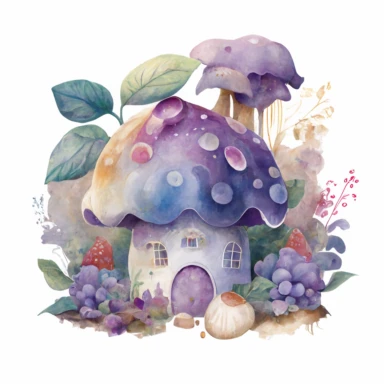 Watercolour light purple Magic Mystical Mushroom clipart with white background cottage surrounded by fruits and clouds