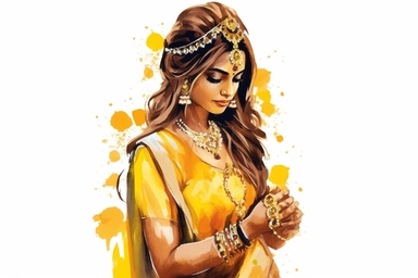 hindu bride during mehndi night in a yellow dress watercolor clipart illustration on a white background