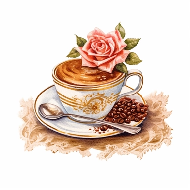 vintage hot cappuccino plan heart, little cake and chocolate sticks,one rose digital clipart on white background