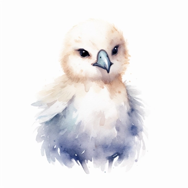 a captivating watercolor clipart image with a white background, featuring a baby albatross with a fluffy white body and expressive eyes, its graceful stance and charming presence embodying the adorable nature of kawaii baby birds.