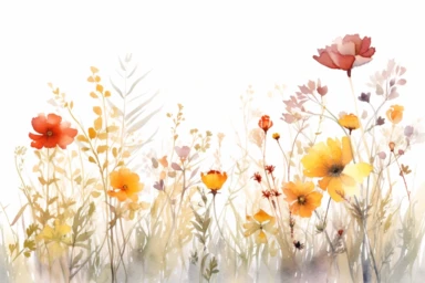 enchanted MAROON AND DUSTY YELLOW flower FIELD WATERCOLOR HAND PAINTED clipart, GREEN WILD LEAVES BETTWEEN FLOWERS AND IN THE BACK, WATERCOLOR AIRY PASTEL COLORS, VISIBLE WATERCOLOR BRUSH TOUCHES, DREAMY AND ELEGANT, COLORFUL DREAMY FLOWERS, white background, WATERCOLOR 8k,