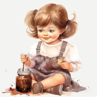 adorable cute vintage little girl eating Nutella, watercolor clipart, high quality clipart, no background , high details