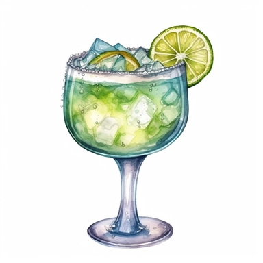 hand drawn frozenmargarita in a large glass, glamorous, very detailed and realistic, watercolor, white background with margins, clipart style