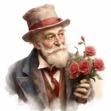 old victorian era, old man, painting, a small amount of red roses incorporated, vintage style colors, intricate details, elegance, charm, clipart, white background