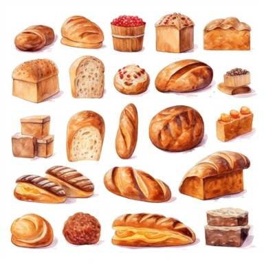 Watercolor loaf of breads, illustrations clipart set, simple, soft colors, cartoon elements, different variants, bread from around the world, wooden elemnts, separate elements with a margin